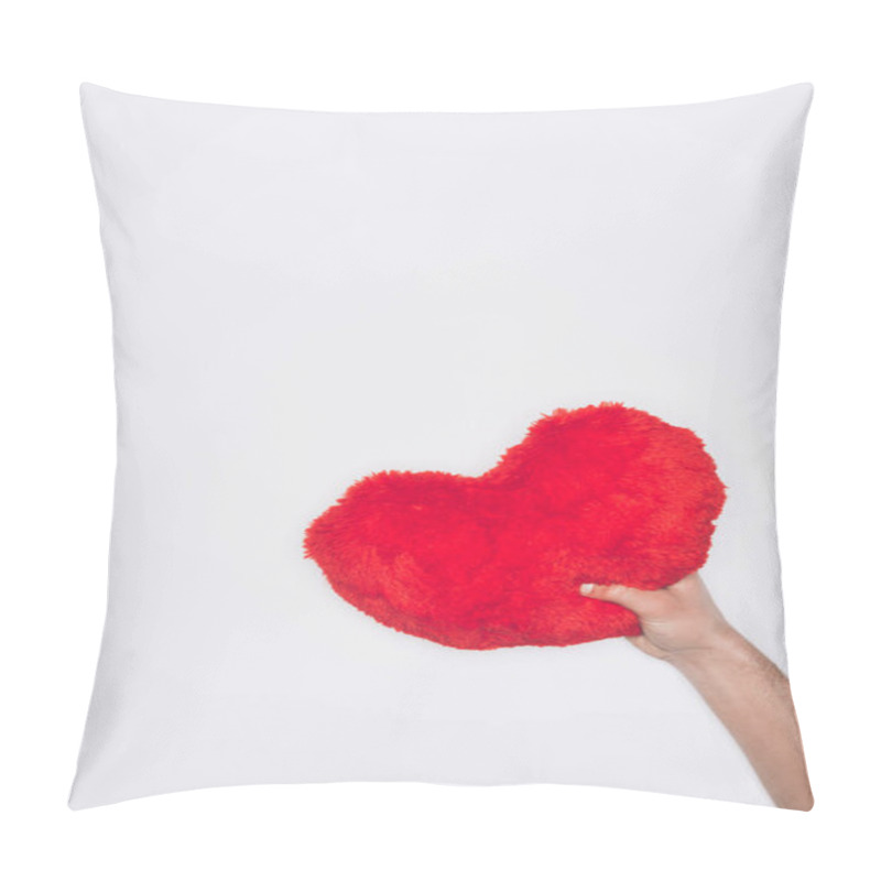 Personality  Cropped Shot Of Man Holding Red Heart Pillow Isolated On White, St Valentines Day Concept Pillow Covers