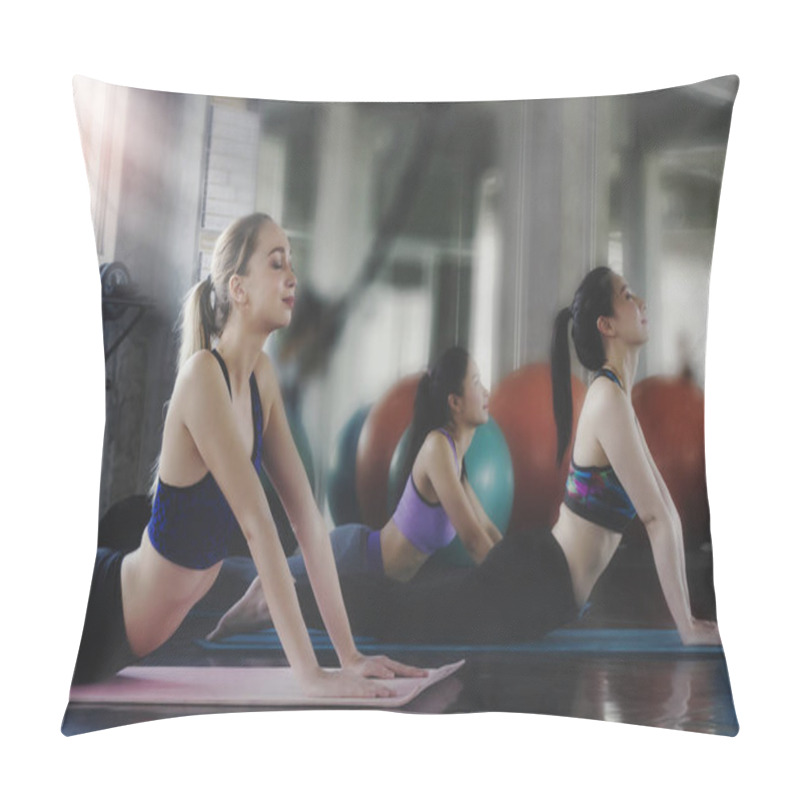 Personality  Group Of Young Sporty Attractive People Practicing Yoga Lesson,Women Practicing The Cobra Pose During Their Yoga Class In A Gym. Pillow Covers