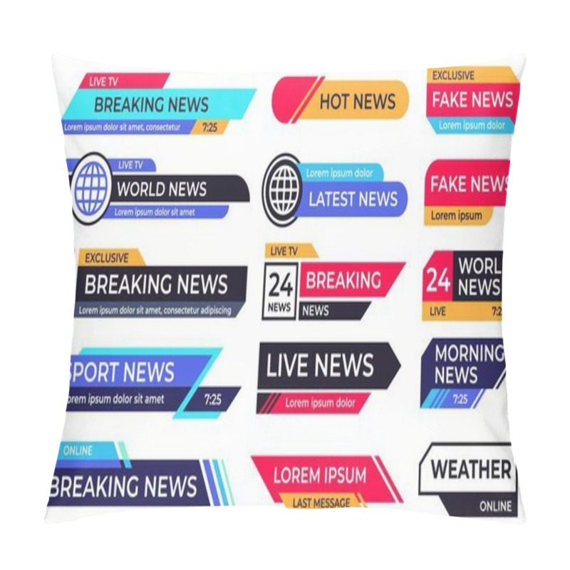 Personality  Breaking News Banner. Broadcasting Screen Bars, Television Banners And Live TV Sport News Frame Vector Set Pillow Covers