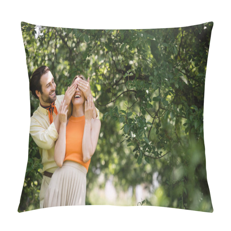 Personality  Stylish Man Covering Eyes To Cheerful Girlfriend In Summer Park  Pillow Covers