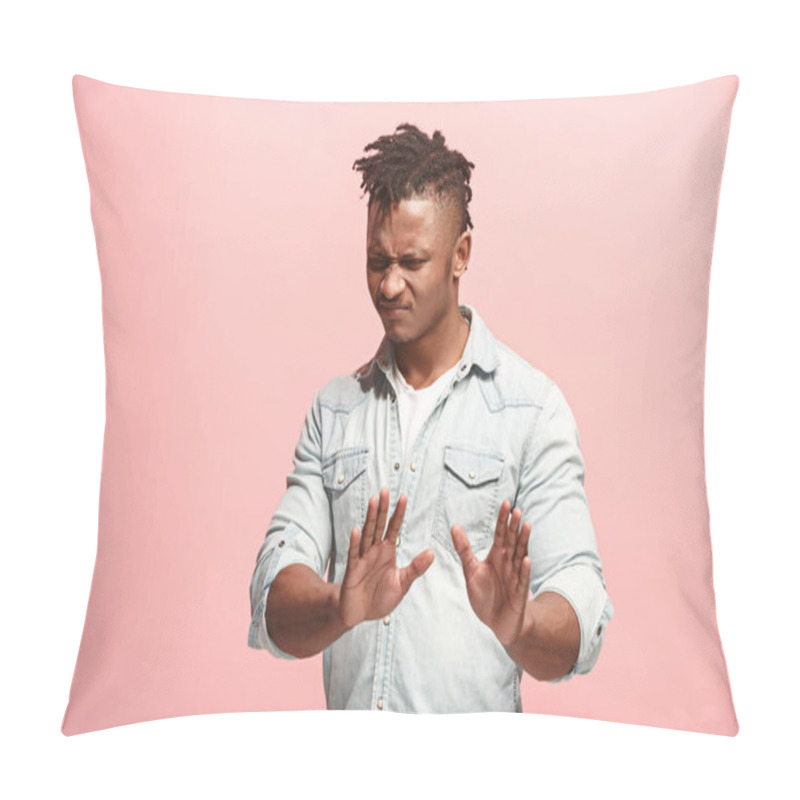 Personality  Young Man With Disgusted Expression Repulsing Something, Isolated On The Pink Pillow Covers