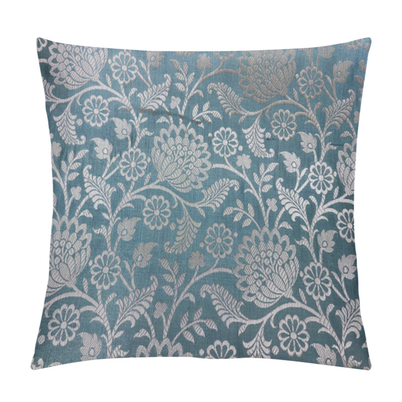 Personality  Blue Silk Fabric Is Adorned With An Exquisite Floral Brocade Design, Intricately Woven With Shimmering Golden Threads. Pillow Covers