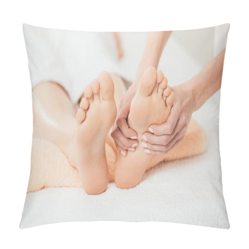 Personality  Partial View Of Masseur Doing Foot Massage To Adult Woman In Spa Pillow Covers