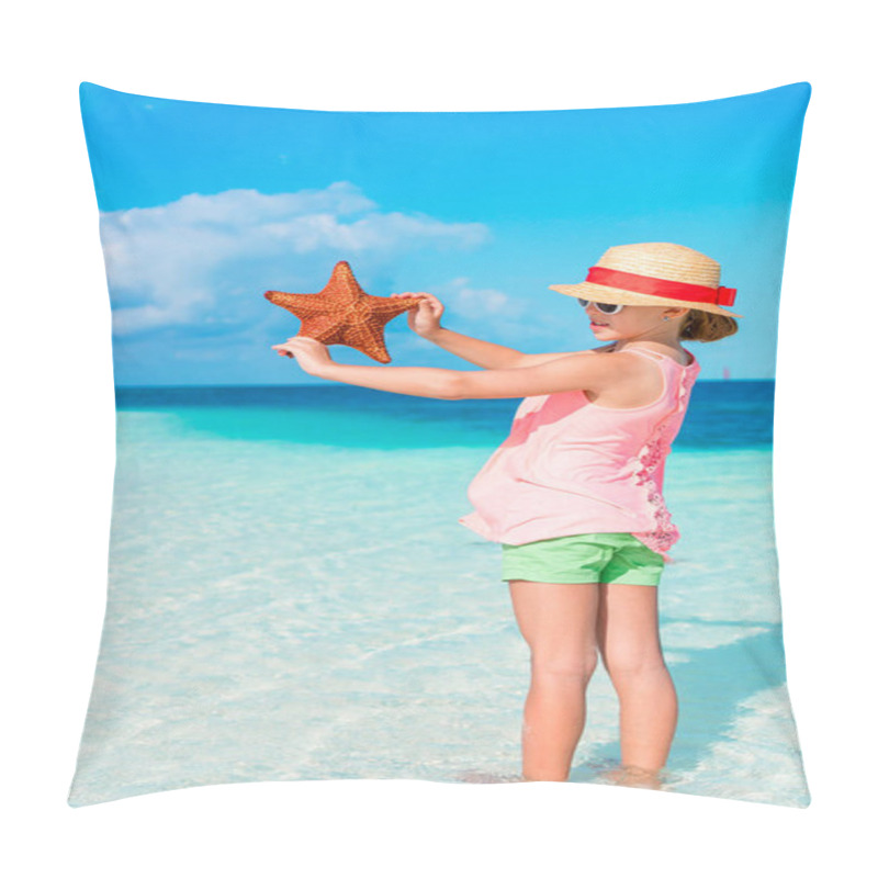 Personality  Adorable Little Girl With Starfish On White Empty Beach Pillow Covers