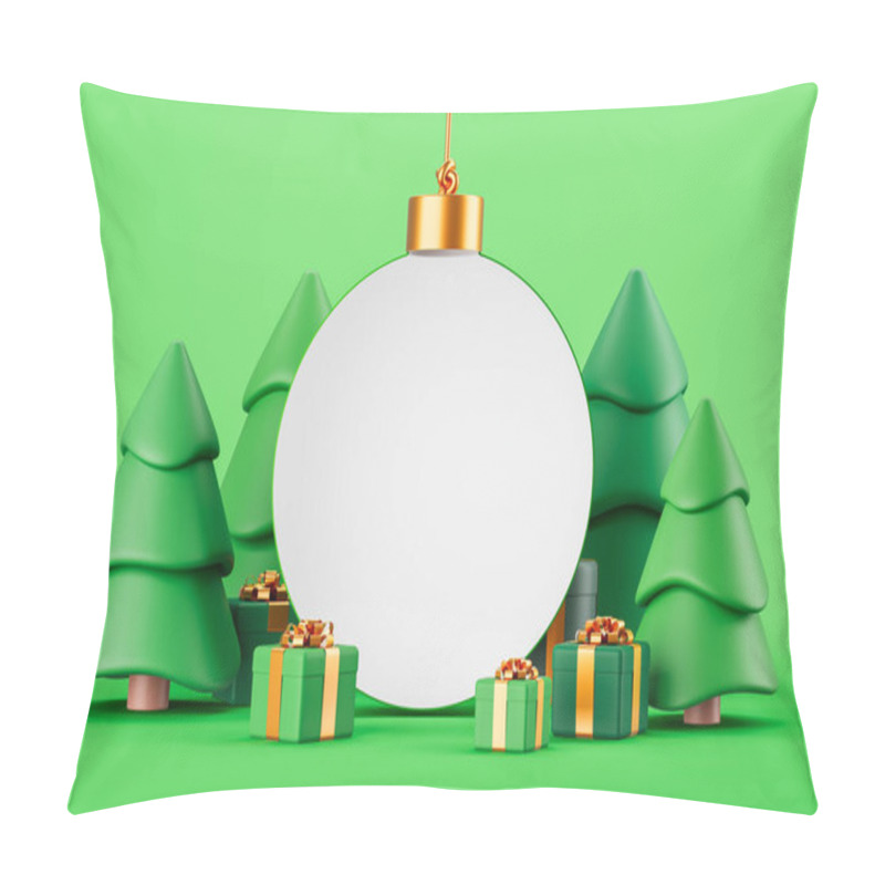 Personality  Festive Scene With Christmas Trees, Ornament, And Gifts On Green Background. Concept Of Holiday Celebration. 3D Rendering Pillow Covers