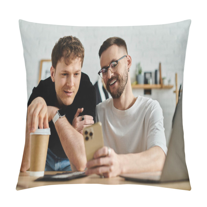 Personality  Two Men, Designers, Passionately Collaborate On A Laptop For Their Trendy Attire. Pillow Covers