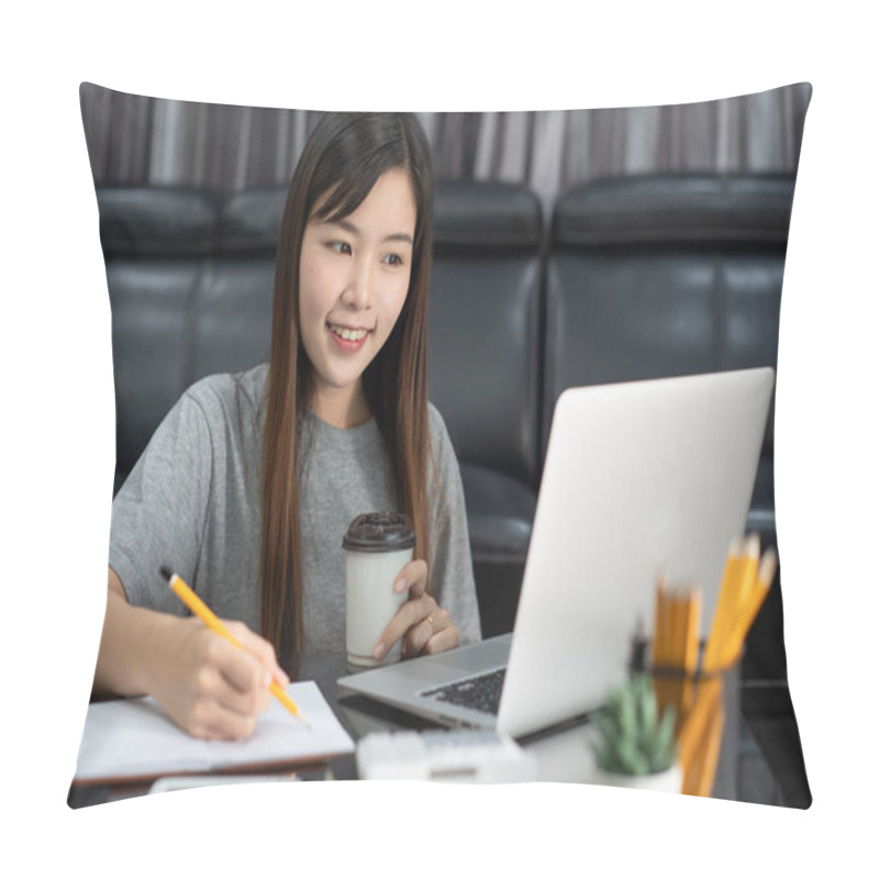 Personality  Attractive Young Beautiful Asian Woman Entrepreneur Or Freelance Working At Home With Laptop Business Reports And Online Communications On Living Room Sofa, Working Remotely Concept  Pillow Covers