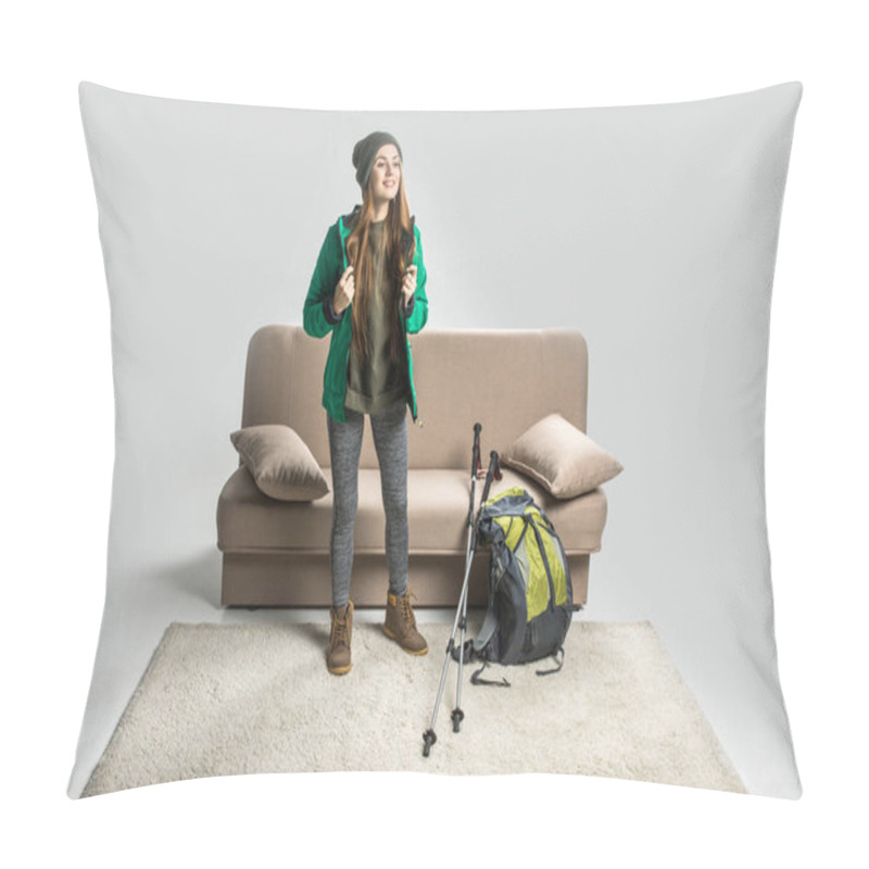 Personality  Attractive Hiker In Warm Clothing With Backpack Ready To Travel Pillow Covers