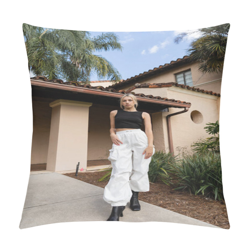 Personality  Full Length Of Young Woman In Trendy Clothes And Boots Standing Near Modern House And Green Plants In Miami  Pillow Covers