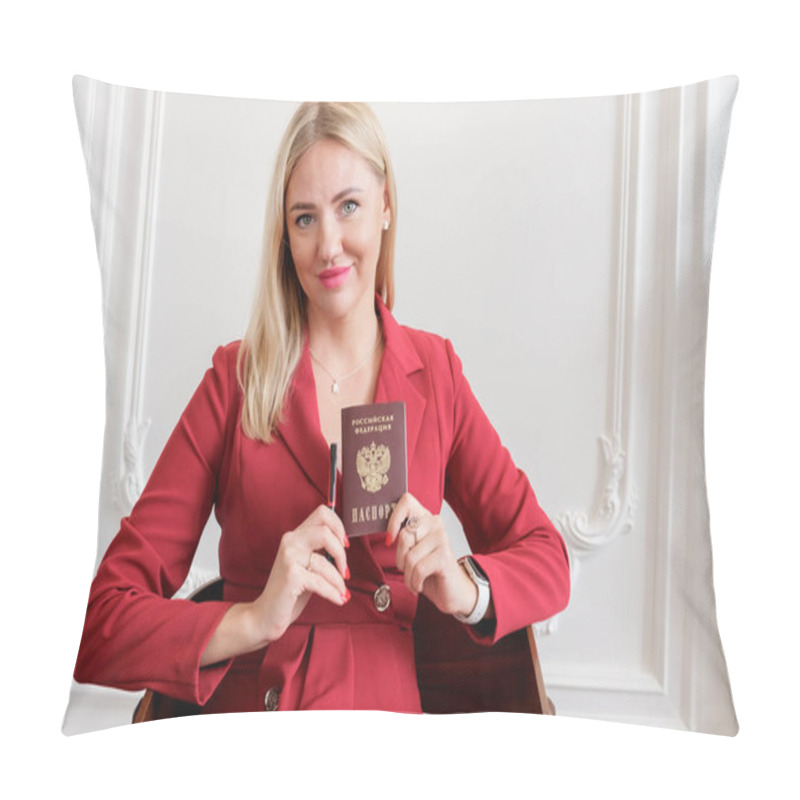 Personality  Attractive Blonde Woman In A Red Dress Holds A National Passport Of A Citizen Of The Russian Federation. The Hands Of A Woman In A Red Dress Hold A Russian Passport And A Pen. Pillow Covers