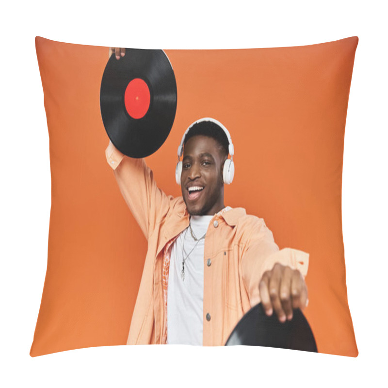 Personality  Young Black Man In Stylish Attire Holding Up A Vinyl Record. Pillow Covers