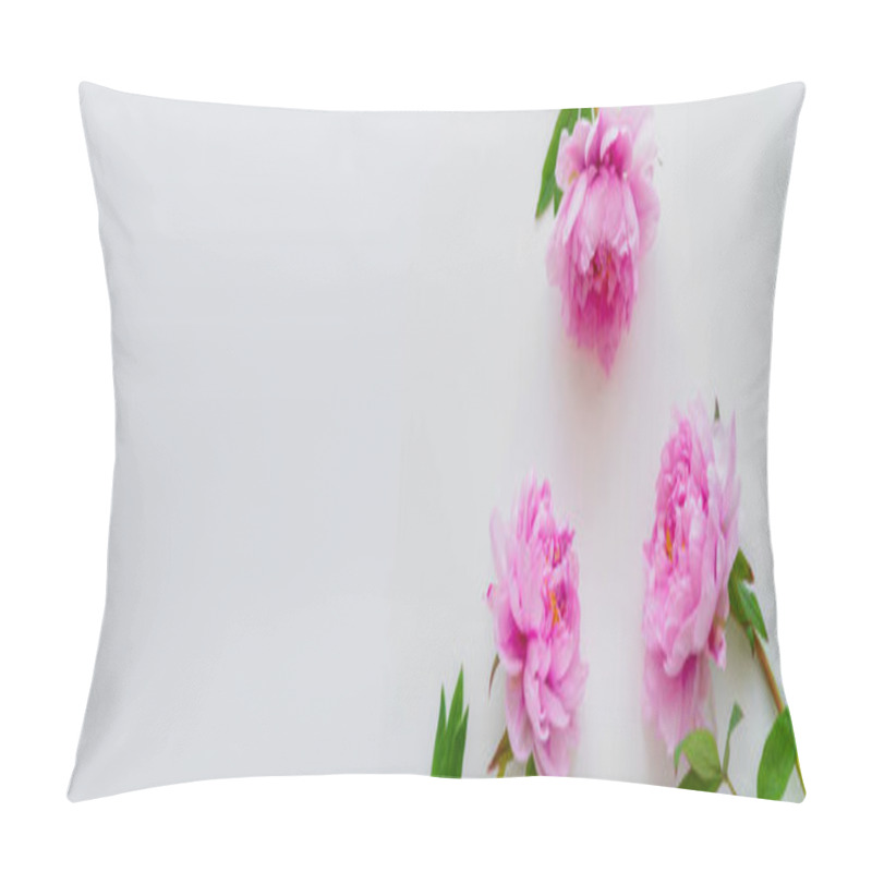 Personality  Top View Of Peonies With Pink Petals On White Background With Copy Space, Banner Pillow Covers