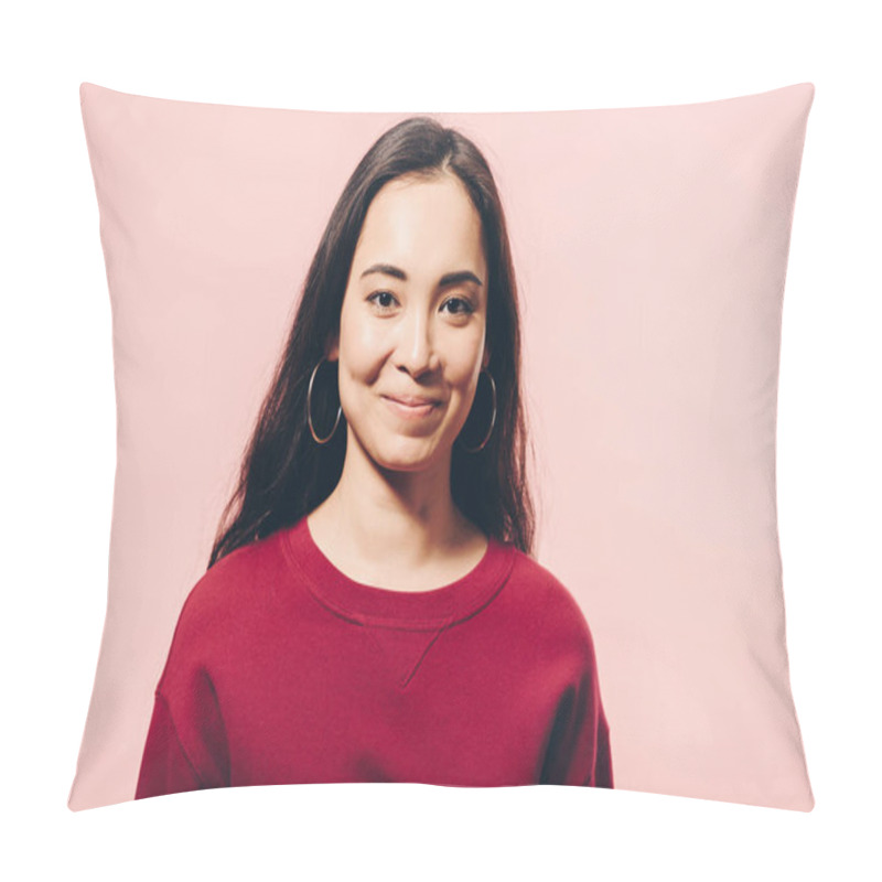 Personality  Attractive Asian Woman In Red Sweater Smiling Isolated On Pink  Pillow Covers