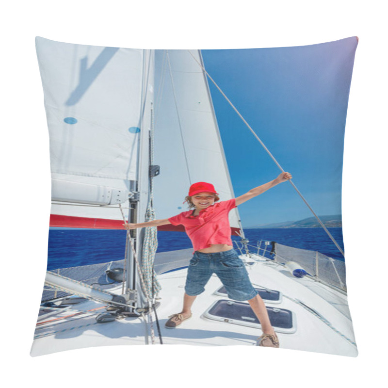 Personality  Little Boy On Board Of Sailing Yacht On Summer Cruise. Travel Adventure, Yachting With Child On Family Vacation. Pillow Covers