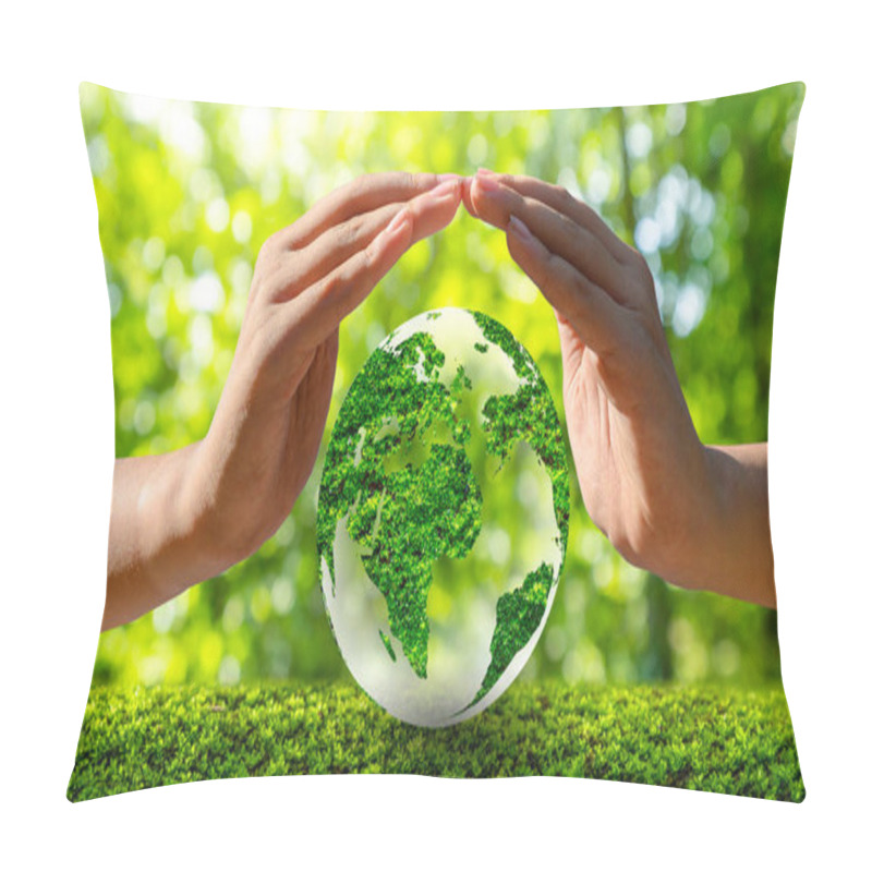 Personality  Environment Earth Day In The Hands Of Trees Growing Seedlings. Bokeh Green Background Female Hand Holding Tree On Nature Field Grass Forest Conservation Concept Pillow Covers