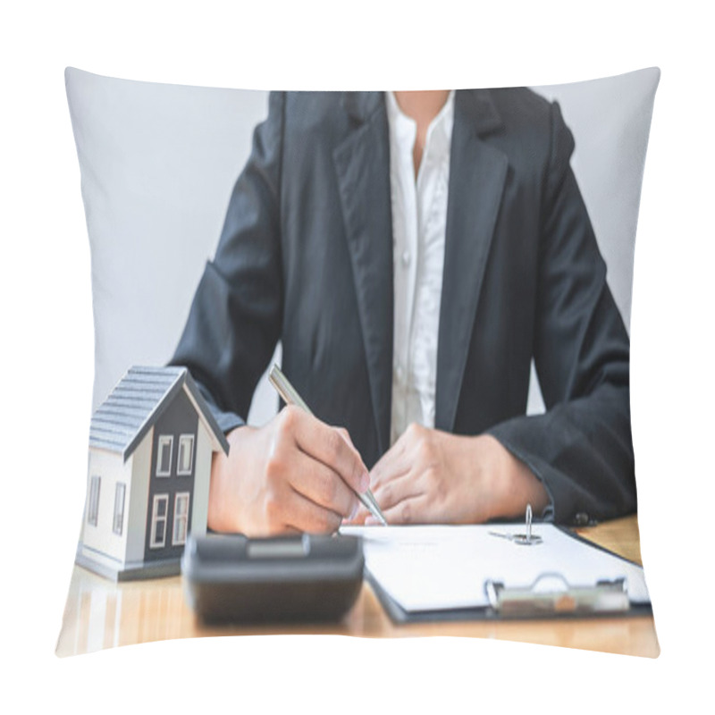 Personality  Real Estate Agent Working Sign Agreement Document Contract For House Insurance Approving Purchases For Client With House Model And Key On Table. Pillow Covers