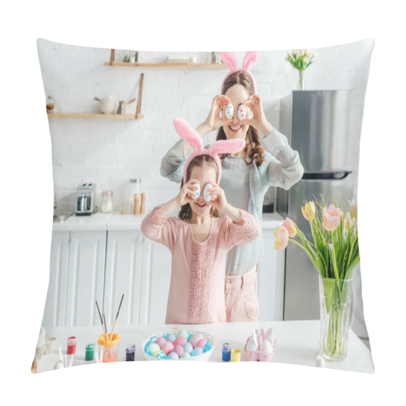 Personality  Smiling Mother And Daughter In Bunny Ears Covering Eyes With Easter Eggs Near Tulips  Pillow Covers