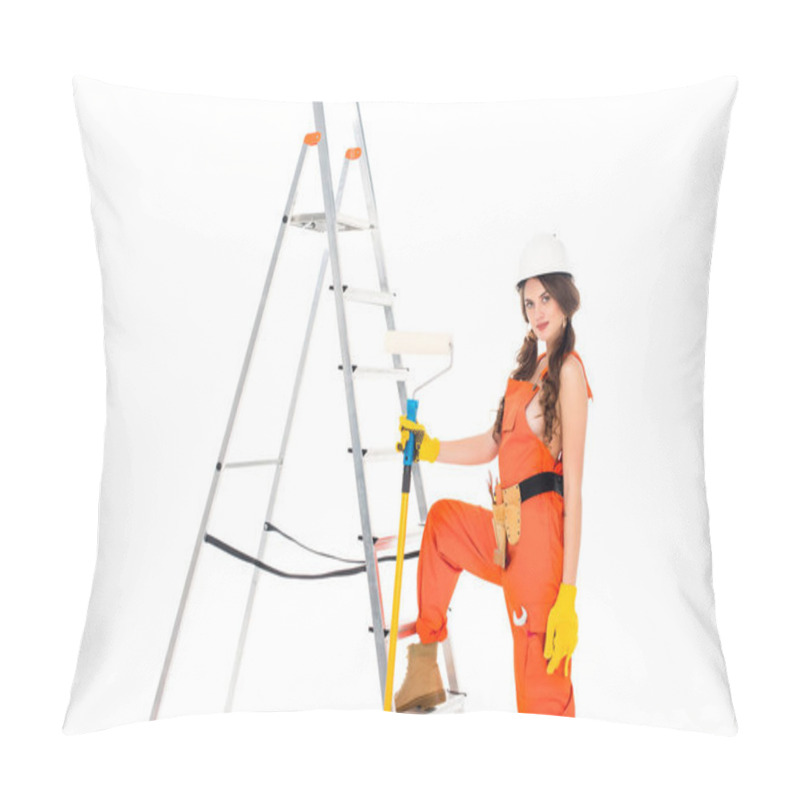 Personality  Beautiful Workwoman In Uniform Holding Painting Roller Near Ladder, Isolated On White Pillow Covers