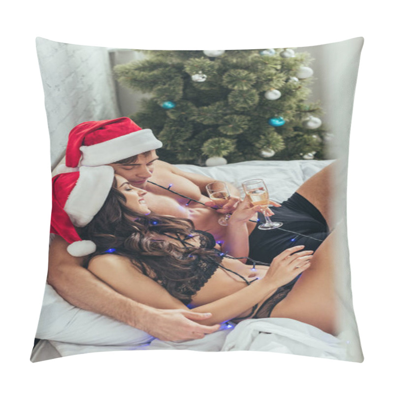 Personality  Selective Focus Of Happy Couple In Underwear, Covered With Garland, Clinking Champagne Glasses In Bed Near Christmas Tree Pillow Covers