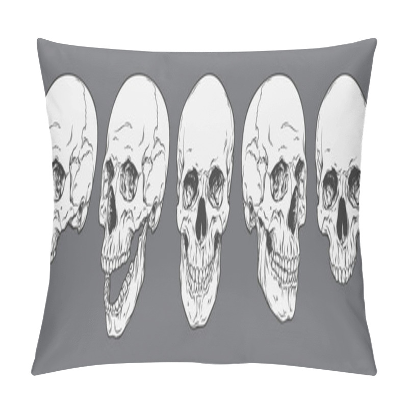 Personality  Anatomically Correct Human Skulls Set Isolated. Hand Drawn Line Art Vector Illustration Pillow Covers