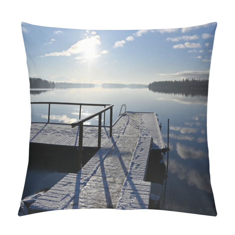 Personality  A Peaceful Lakeside View On A Clear Winter Morning. A Snow-dusted Wooden Pier Extends Into The Calm, Reflective Water, Creating A Tranquil And Serene Atmosphere. The Sun Shines Brightly, Casting Long Shadows And Illuminating The Landscape With Soft L Pillow Covers