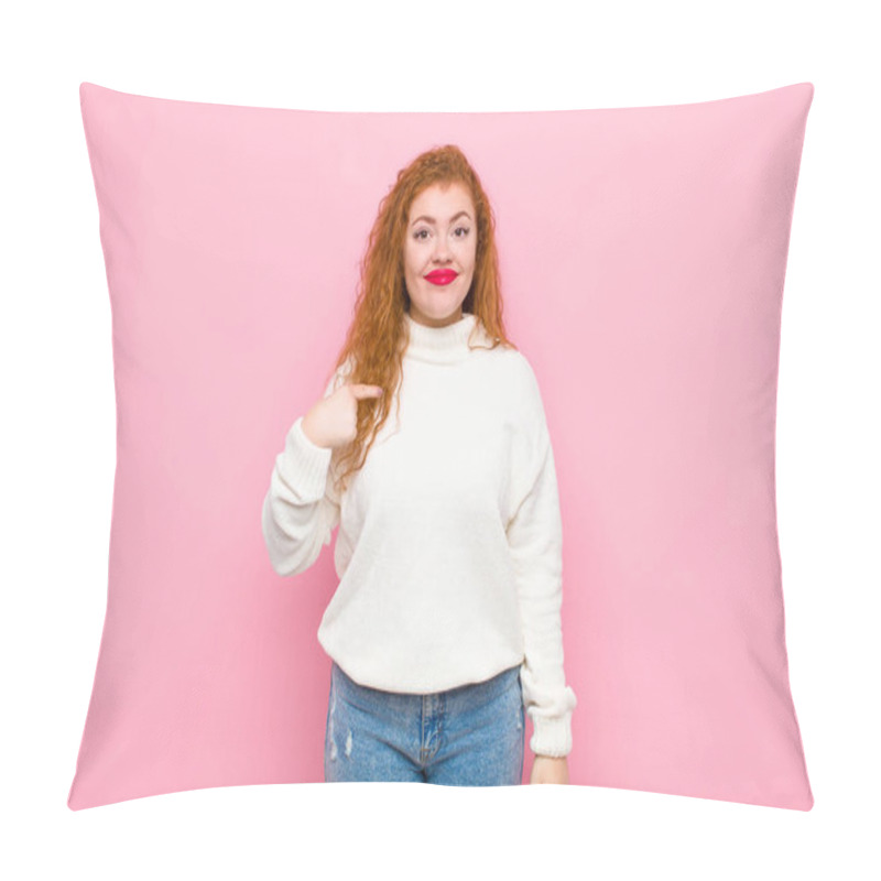 Personality  Young Red Head Woman Looking Proud, Confident And Happy, Smiling And Pointing To Self Or Making Number One Sign Against Pink Wall Pillow Covers