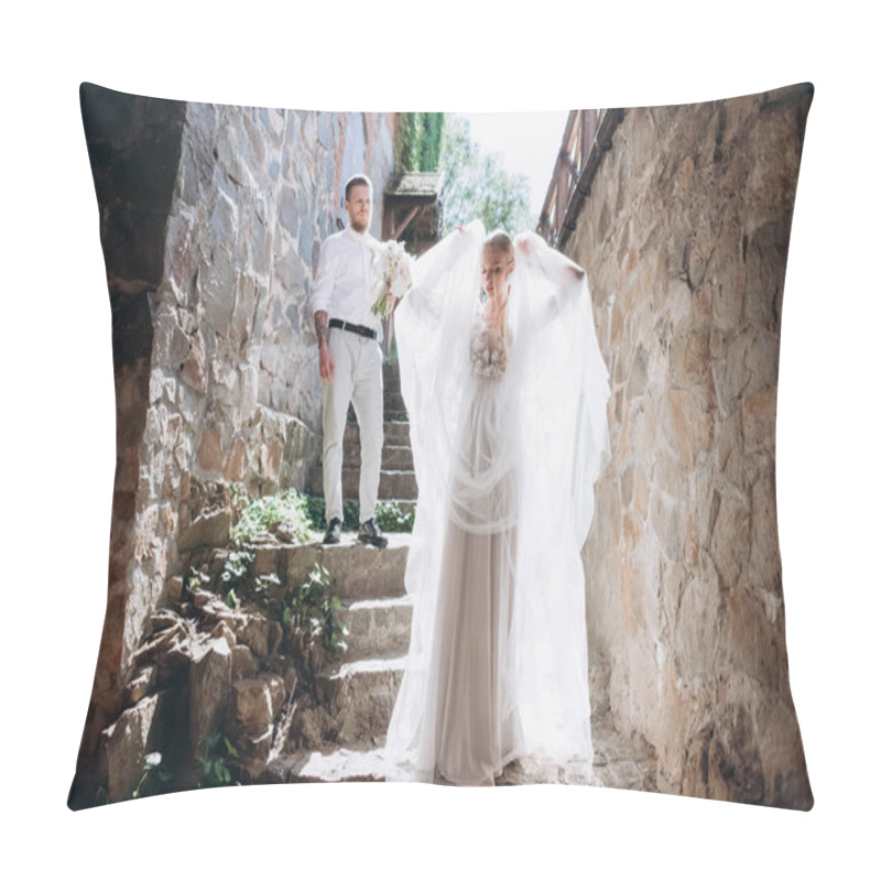 Personality  Beautiful Bride And Handsome Groom On Stairs Of Ancient Building In Old Town Pillow Covers