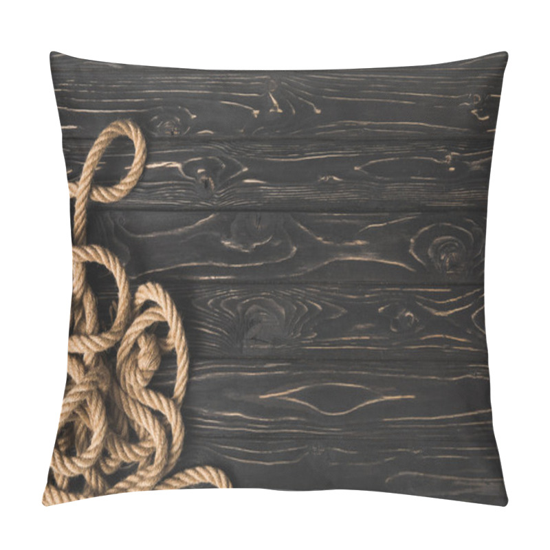 Personality  Top View Of Brown Nautical Rope On Dark Wooden Planks Pillow Covers