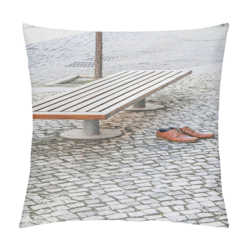 Personality  Brown Leather Shoes On A Cobblestone Pavement Next To A Bench In An Urban Setting. Pillow Covers