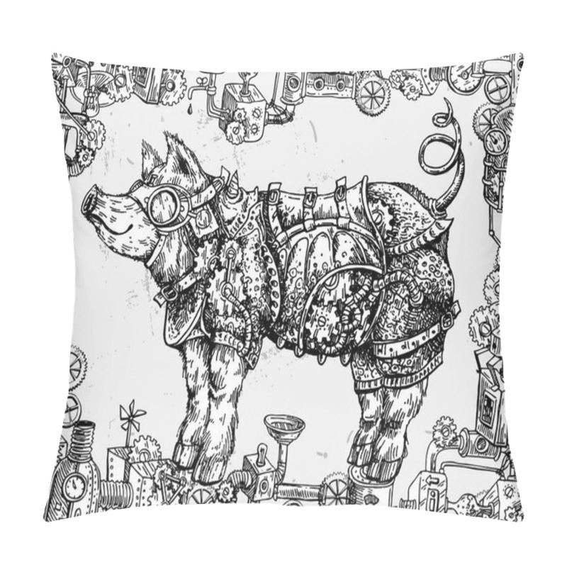 Personality  Hand Drawn Vector Illustration Steampunk Pig. Sketch Style Drawi Pillow Covers