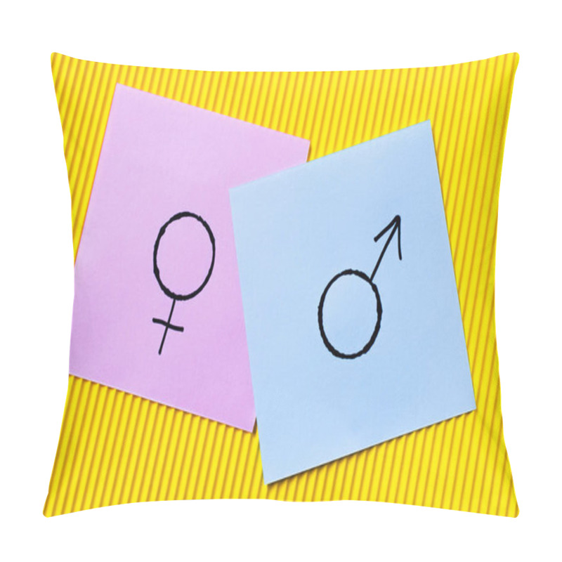 Personality  Top View Of Violet Cards With Gender Identity Symbols On Yellow Textured Background Pillow Covers