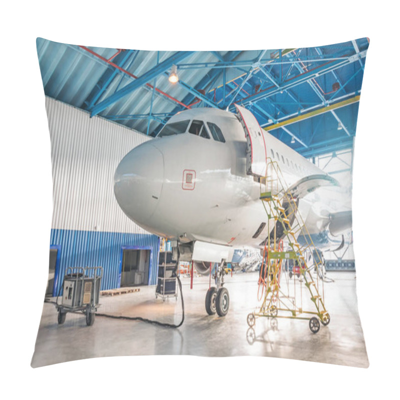 Personality  Airplanes Under Repair In A Maintenance Hangar. View Of The Nose And Cockpit, Open Front Door With A Technical Staircase Pillow Covers