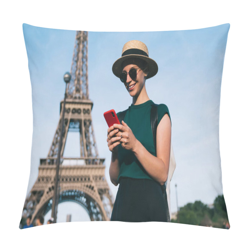 Personality  Caucasian Woman Browsing Wireless Network During Time For Romantic French Walk In Paris, Carefree Female Tourist Enjoying Smartphone Communication Standing At Street With Eiffel Tower On Background Pillow Covers