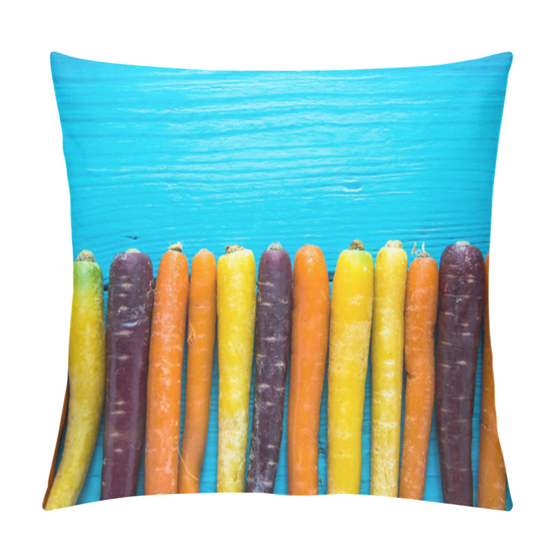 Personality  Bunch Of Vibrant Rainbow Carrots On Blue Wooden Table Pillow Covers