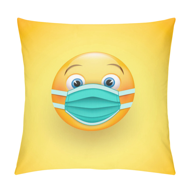 Personality  Smile Emoticon In Protective Surgical Mask. Icon For Coronavirus Outbreak. Wear A Medical Mask To Prevent The Spread Of The Disease. Vector Pillow Covers