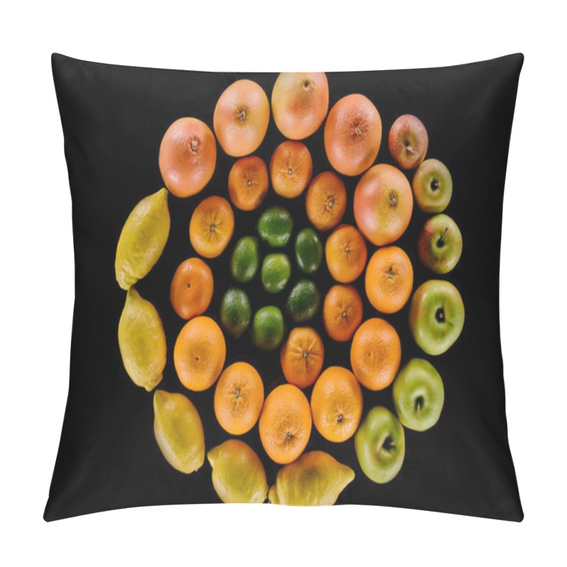 Personality  Top View Of Various Ripe Citrus Fruits Composition In Spiral Shape Isolated On Black Pillow Covers