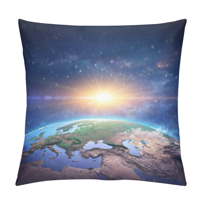 Personality  Surface Of Planet Earth, Space View Of The World Focused On Europe. Rising Sun Shining Into Deep Space, Star Cluster And Nebula Far Behind. 3D Illustration - Elements Of This Image Furnished By NASA Pillow Covers