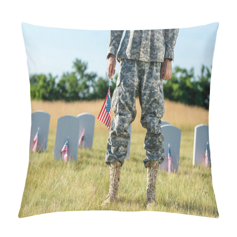 Personality  Cropped View Of Soldier In Camouflage Uniform Holding American Flag And Standing In Graveyard  Pillow Covers