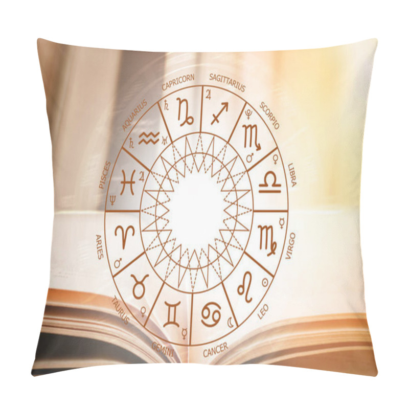 Personality  Zodiac Circle Against The Background Of An Open Book. Astrological Forecast For The Signs Of The Zodiac. Astrology, Esotericism, Secret Science Pillow Covers