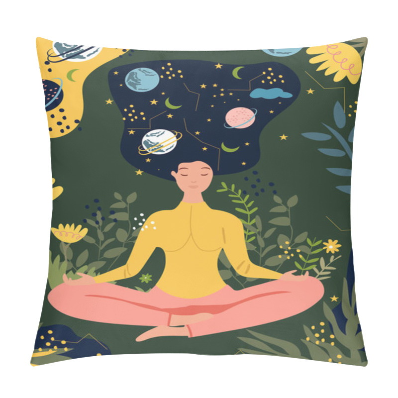 Personality  Female In Tranquil Meditation Amidst Nature And Foliage.Concept For Yoga, Stress Relief, Mindfulness, Relaxation, Recreational Wellness, And Health. Vector Illustration. Pillow Covers