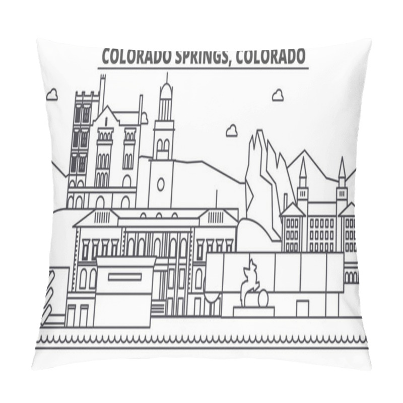 Personality  Colorado Springs Architecture Line Skyline Illustration. Linear Vector Cityscape With Famous Landmarks, City Sights, Design Icons. Landscape Wtih Editable Strokes Pillow Covers