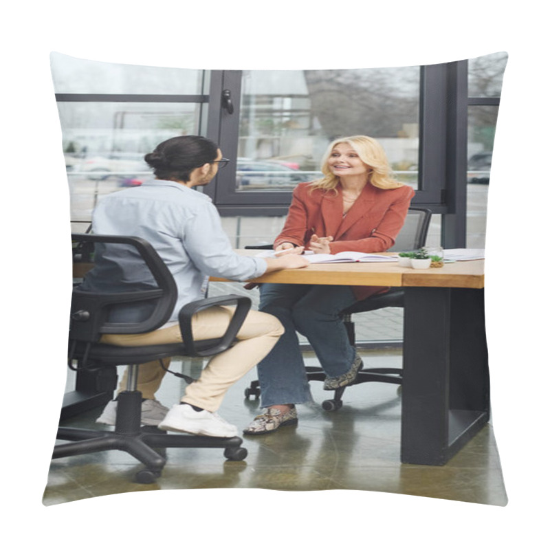 Personality  Attractive Woman Engages In Conversation With A Man During Job Interview. Pillow Covers