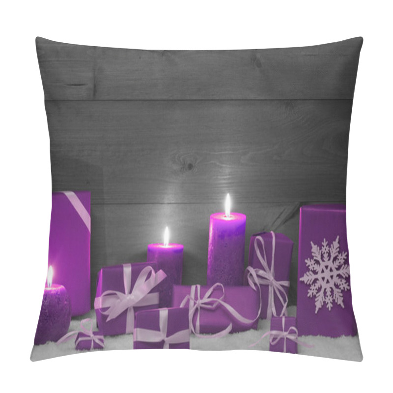 Personality  Christmas Decoration With Pruple Candles, Presents And Snow Pillow Covers