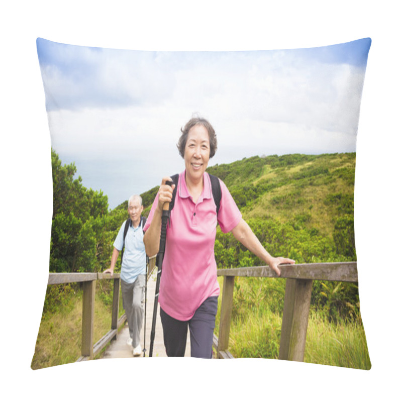 Personality  Happy Senior Couple Hiking On The Mountain Pillow Covers