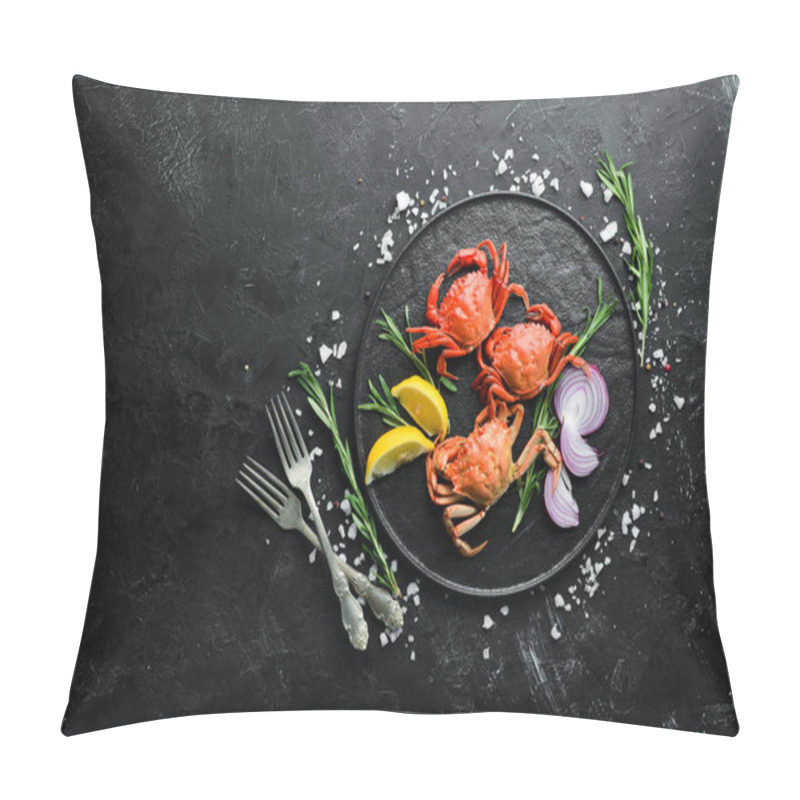 Personality  Cooked Crabs With Spices On A Black Background. Top View. Free Space For Your Text. Pillow Covers