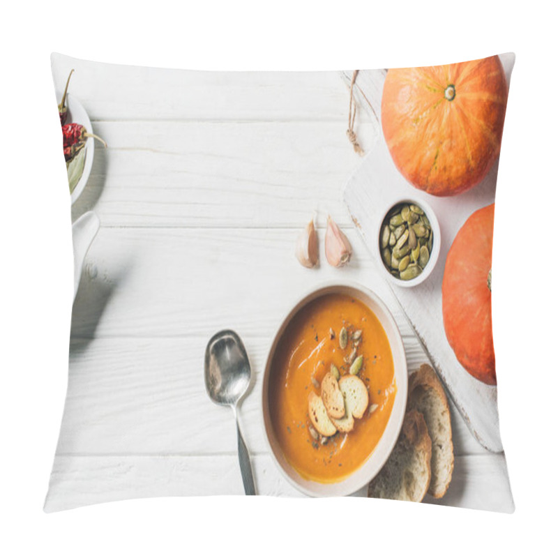 Personality  Top View Of Homemade Pumpkin Soup With Rusks, Pumpkins And Garlic On Table  Pillow Covers