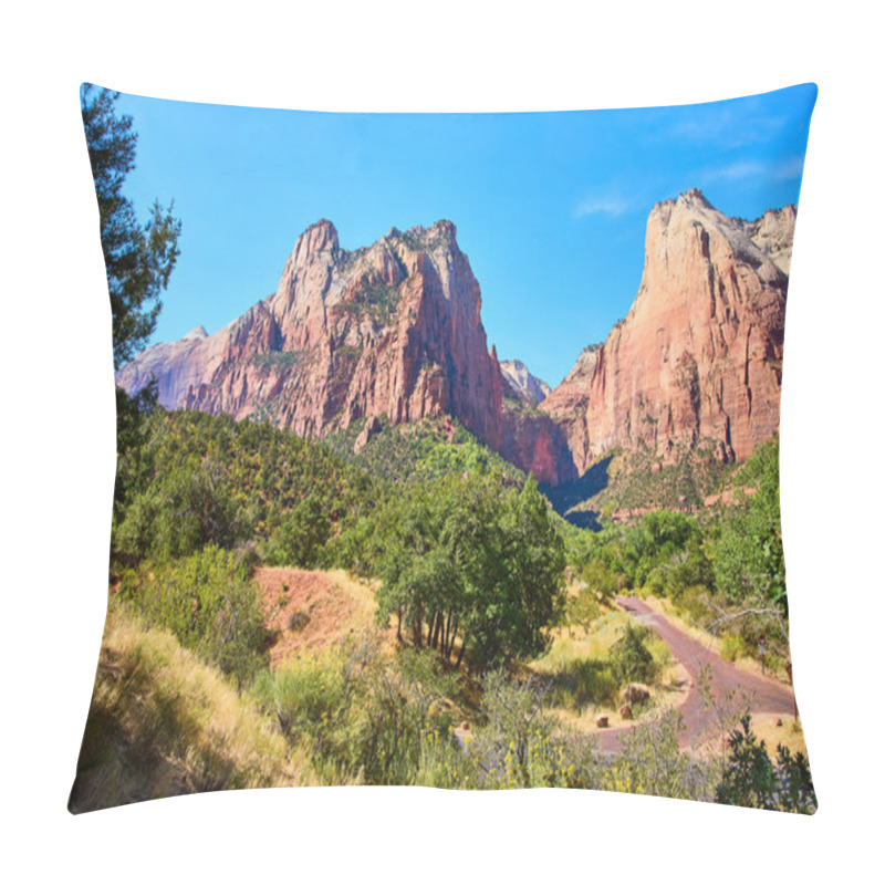 Personality  Explore The Majestic Court Of The Patriarchs In Zion National Park. Towering Red Sandstone Cliffs And Lush Greenery Invite Adventure In This Scenic Utah Landscape. Perfect For Travel And Nature Pillow Covers