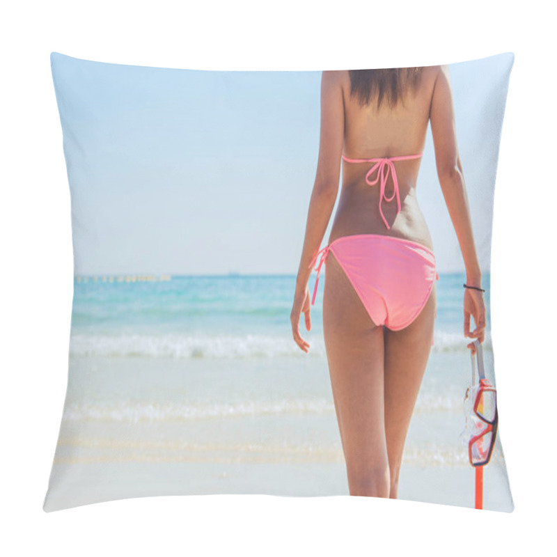 Personality  Beach Vacation Snorkel Girl Snorkeling With Mask And Fins. Bikini Woman Relaxing On Summer Tropical Getaway Doing Snorkeling Activity With Snorkel Tuba And Flippers Sun Tanning. Suntan Skin Body Care. Pillow Covers