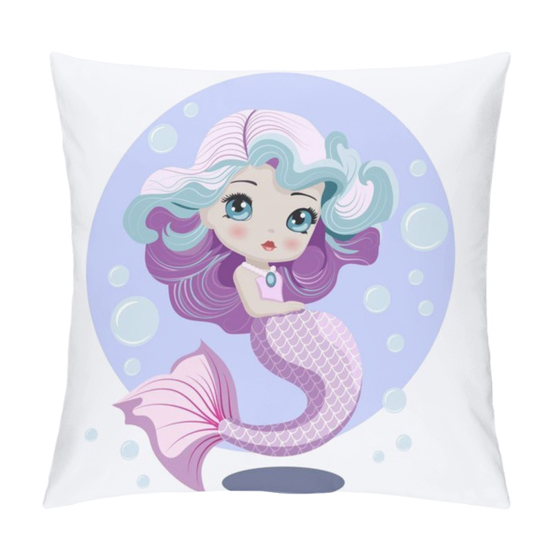 Personality  Hand Drawn Cute Little Purple Mermaid Doll With Bubbles. Isolated Design Element For Greeting Card, Poster, Flyer, Birthday, Party, Invitation, Baby Shower. Cartoon Style Vector Illustration. Pillow Covers