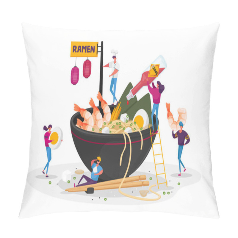 Personality  Tiny Male And Female Characters Cooking And Eating Ramen Or Pasta, People Put Condiments In Huge Bowl With Noodles, Shrimps And Eggs, Pour Sauce. Asian Food, Chopsticks. Cartoon Vector Illustration Pillow Covers